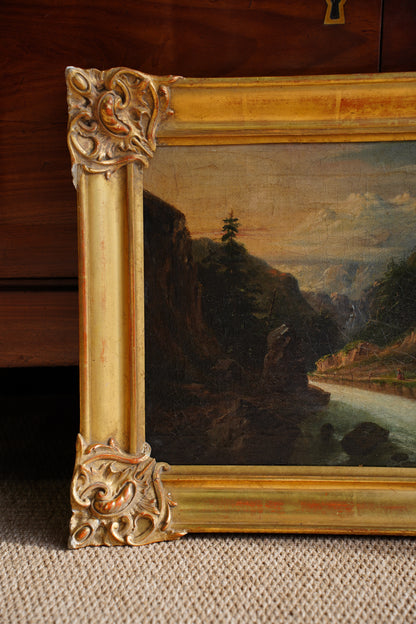 Antique European Oil Painting Mountain Gorge Landscape, Circa 1870