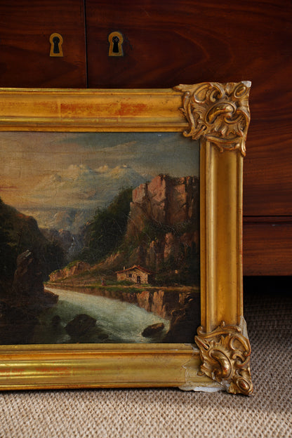 Antique European Oil Painting Mountain Gorge Landscape, Circa 1870