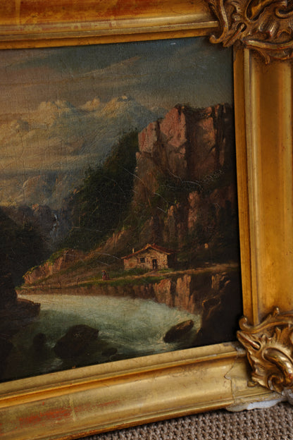 Antique European Oil Painting Mountain Gorge Landscape, Circa 1870