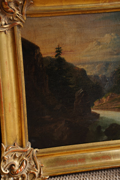 Antique European Oil Painting Mountain Gorge Landscape, Circa 1870