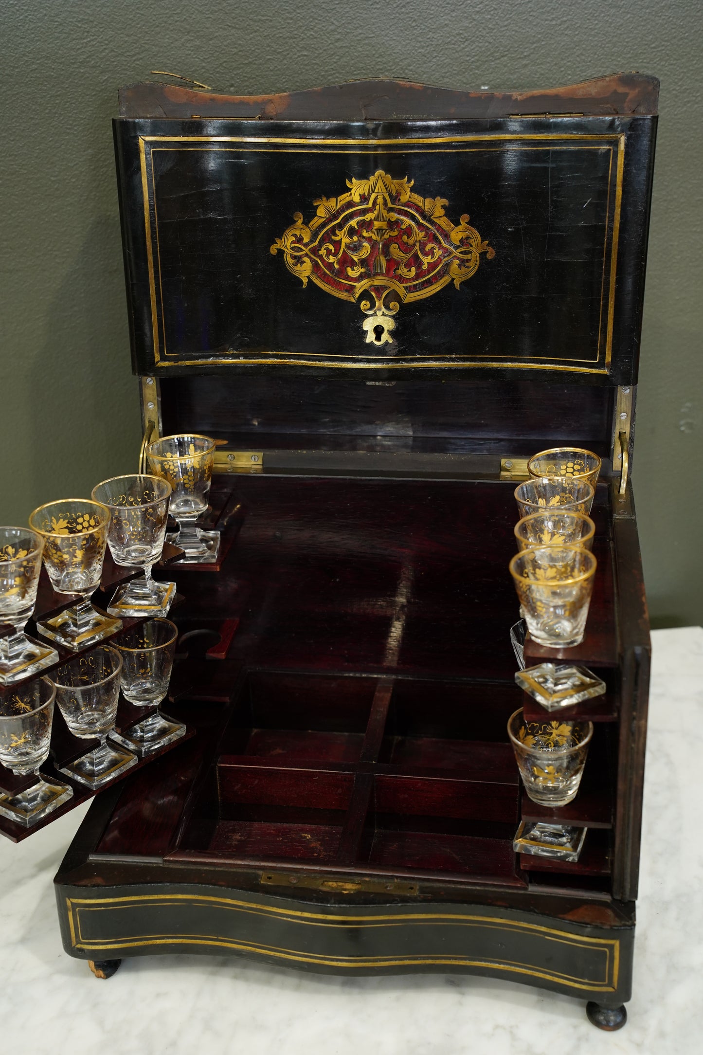 Antique French Napoleon III Ebonized Cave a Liqueur, Boulle Inlay, Circa 1880
