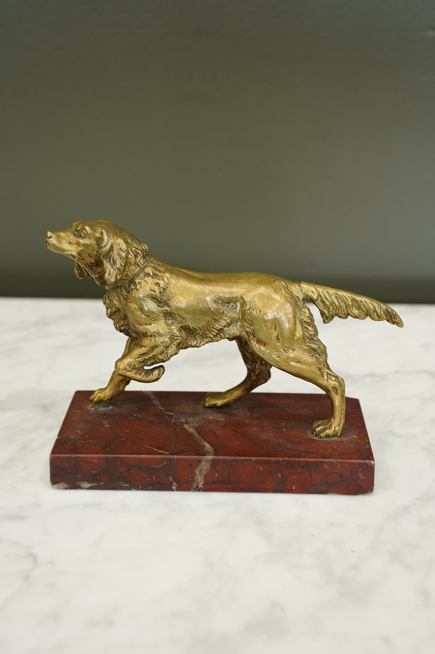 French Brass Setter Dog Figure on Marble