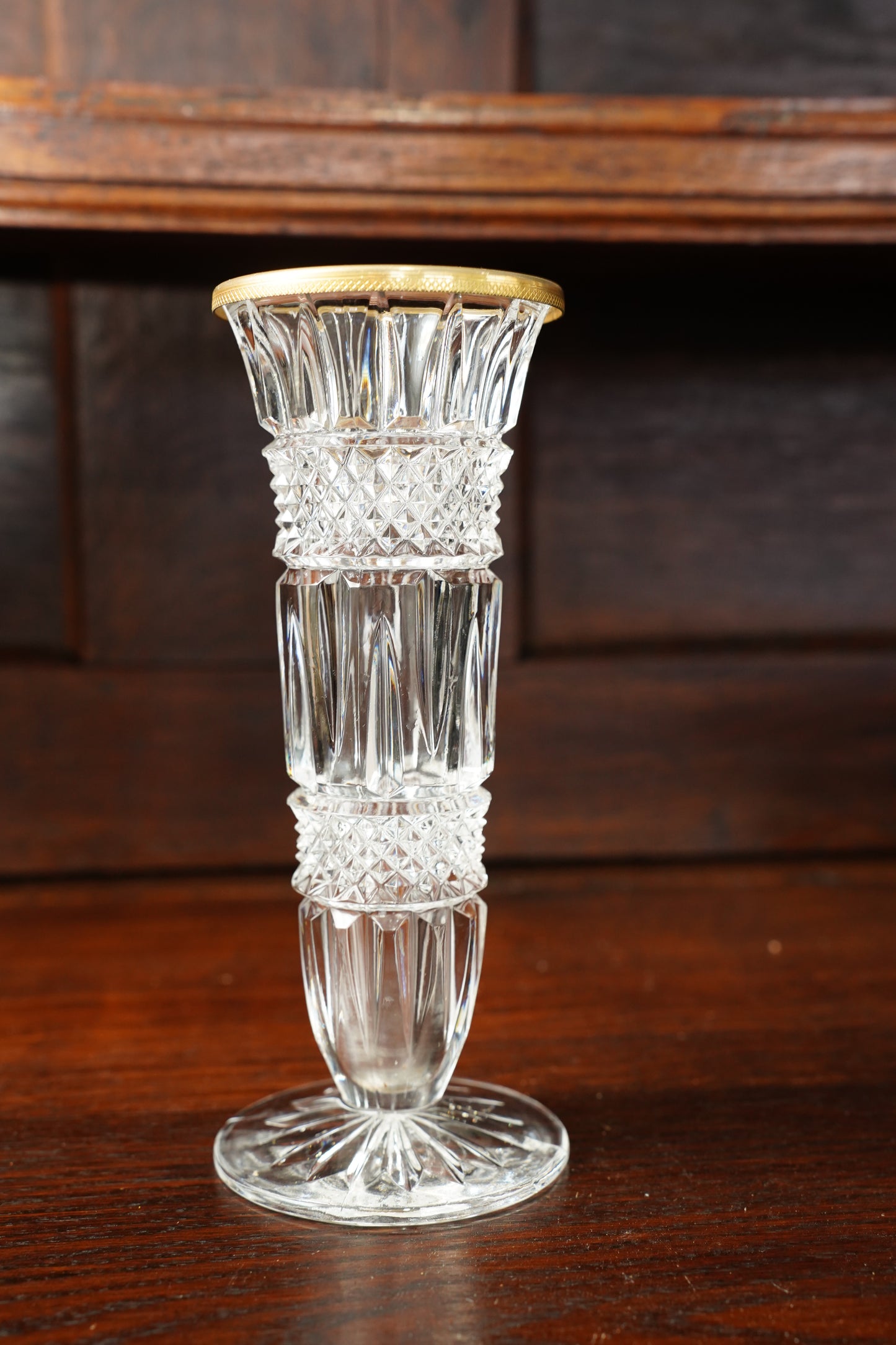 Vintage Cut Glass Bud Vase with Gilt Brass Rim