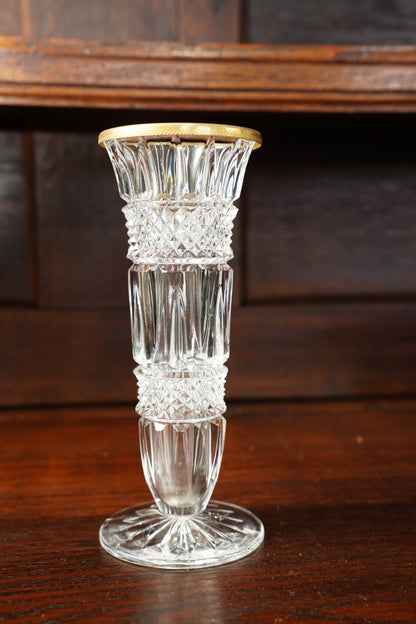 Vintage Cut Glass Bud Vase with Gilt Brass Rim