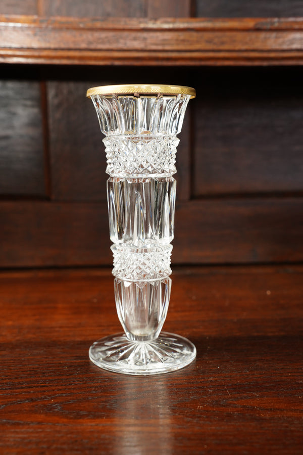 Vintage Cut Glass Bud Vase with Gilt Brass Rim secondary view