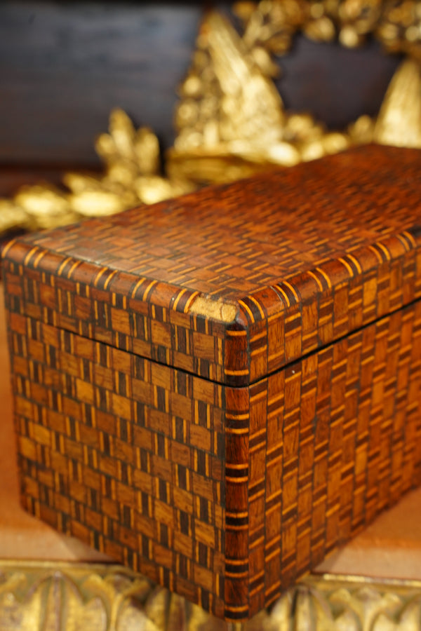 Antique Inlaid Wood Tea Caddy with Basket Weave Pattern, Circa 1880 secondary view