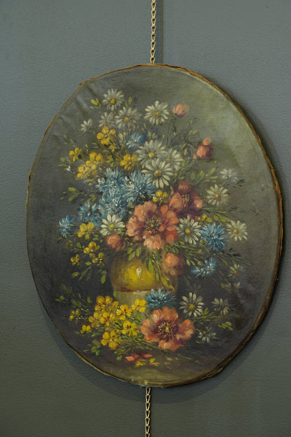 Antique European Oval Floral Oil Painting, Circa 1910