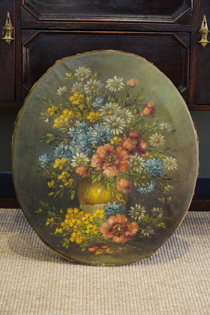 Antique European Oval Floral Oil Painting, Circa 1910