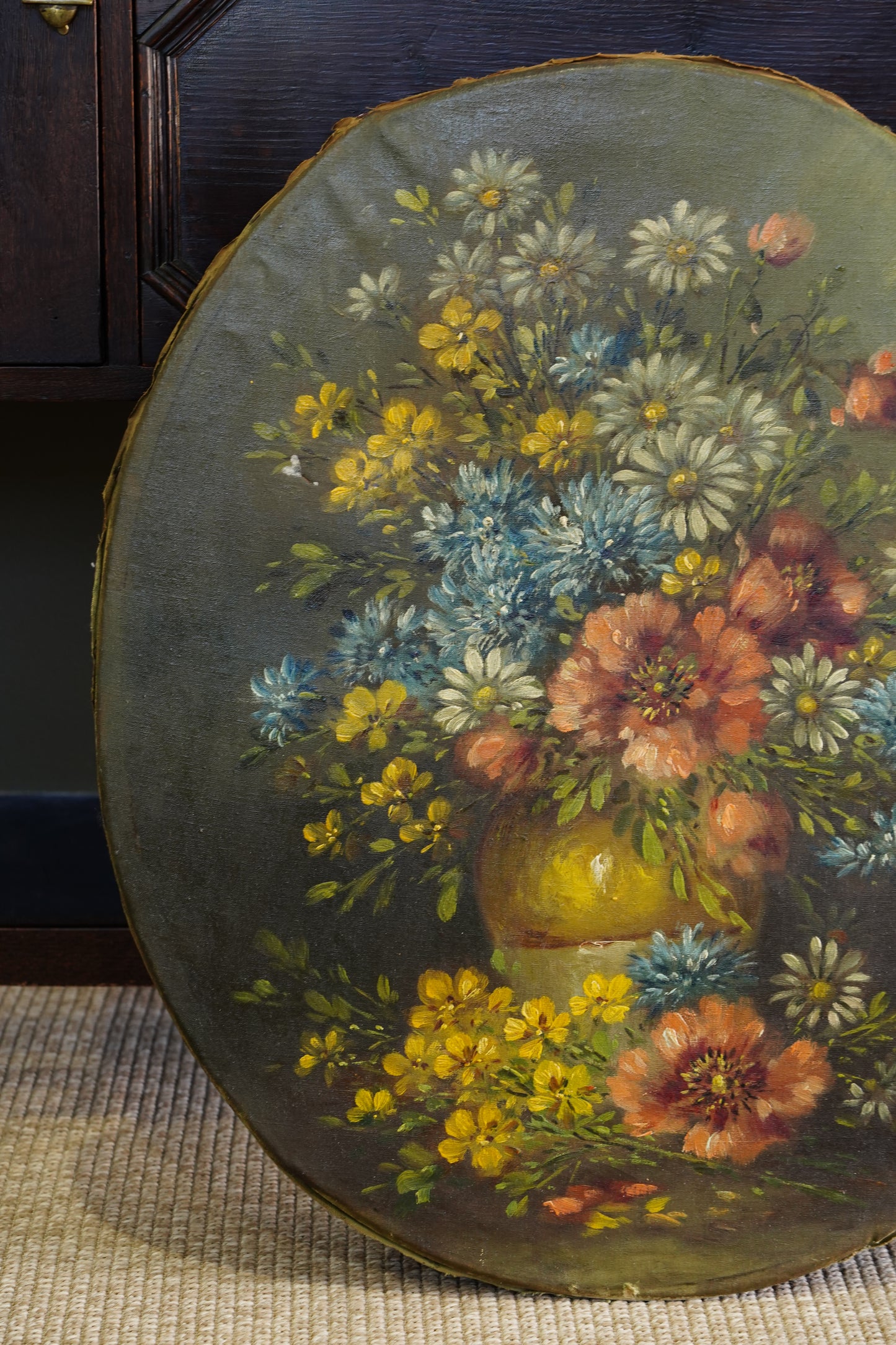 Antique European Oval Floral Oil Painting, Circa 1910
