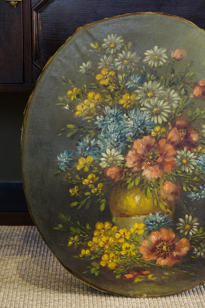 Antique European Oval Floral Oil Painting, Circa 1910