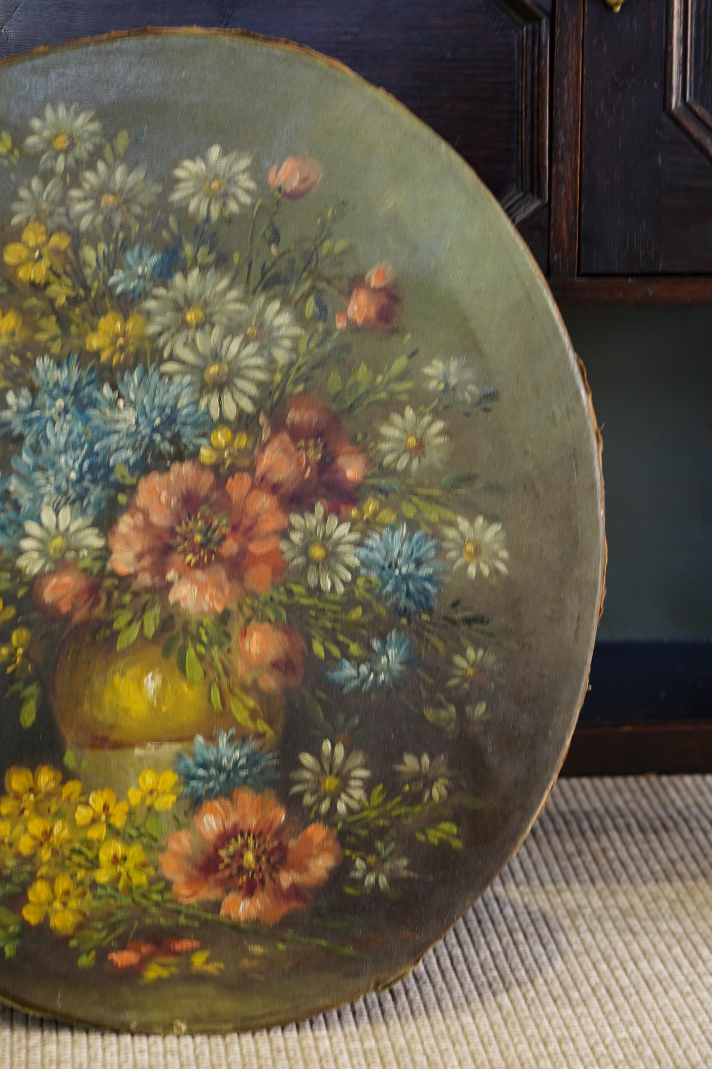Antique European Oval Floral Oil Painting, Circa 1910