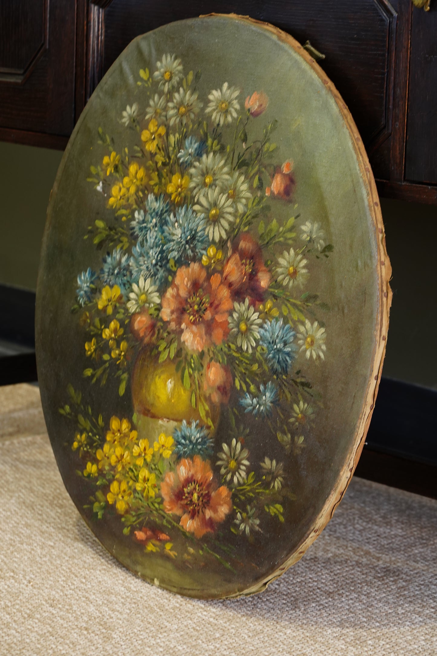 Antique European Oval Floral Oil Painting, Circa 1910