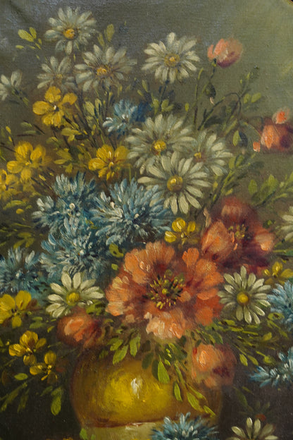 Antique European Oval Floral Oil Painting, Circa 1910