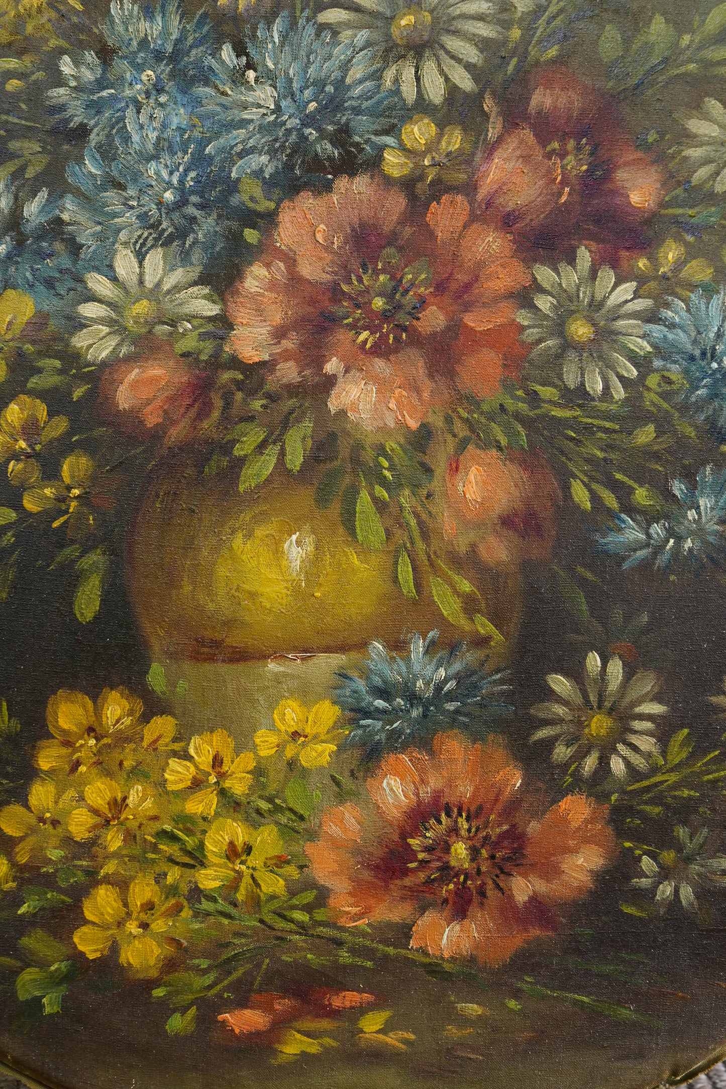 Antique European Oval Floral Oil Painting, Circa 1910