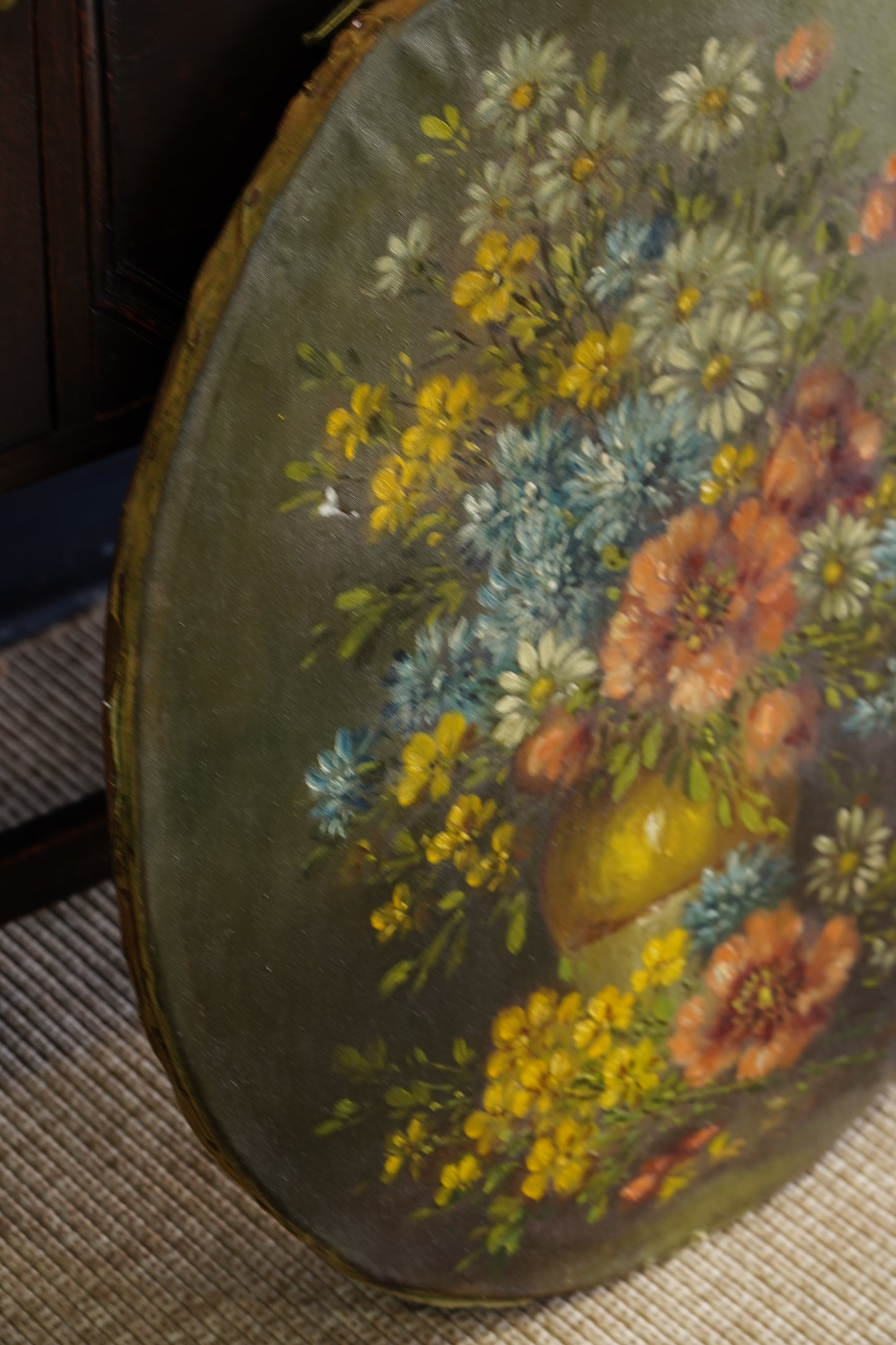 Antique European Oval Floral Oil Painting, Circa 1910