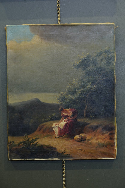 Antique Italian Mother and Child Oil Painting, Unframed, Circa 1900