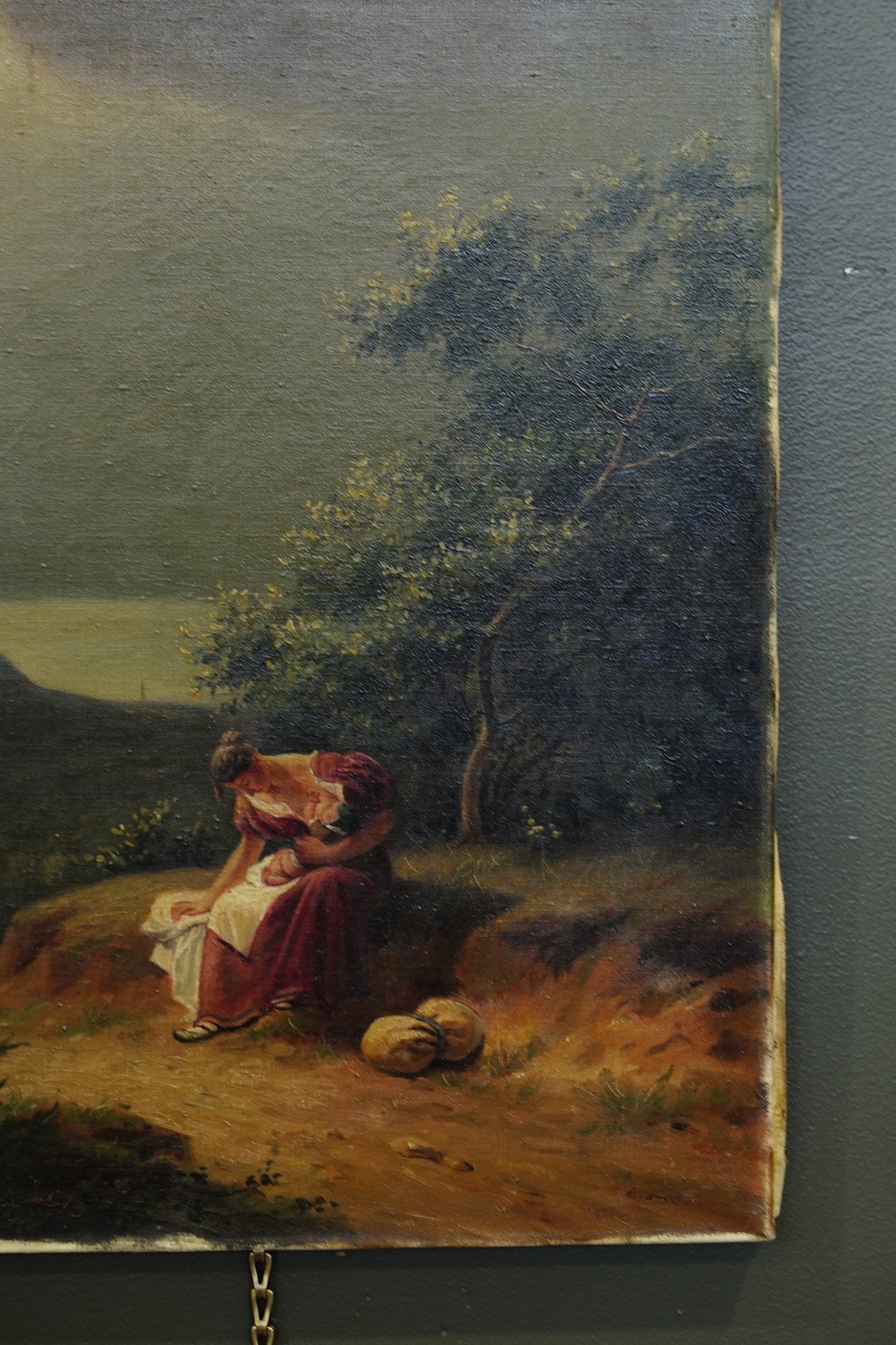 Antique Italian Mother and Child Oil Painting, Unframed, Circa 1900