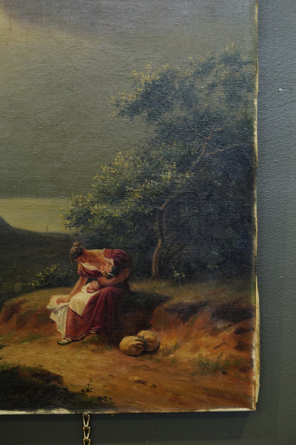 Antique Italian Mother and Child Oil Painting, Unframed, Circa 1900