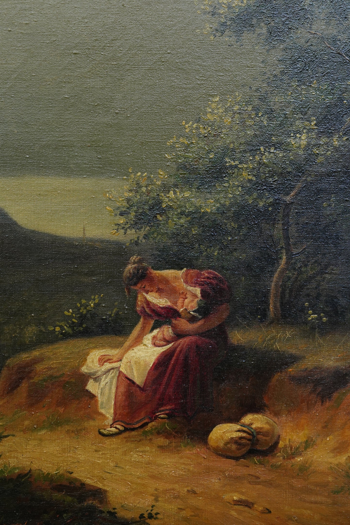 Antique Italian Mother and Child Oil Painting, Unframed, Circa 1900
