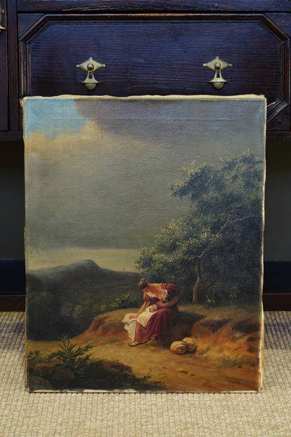 Antique Italian Mother and Child Oil Painting, Unframed, Circa 1900