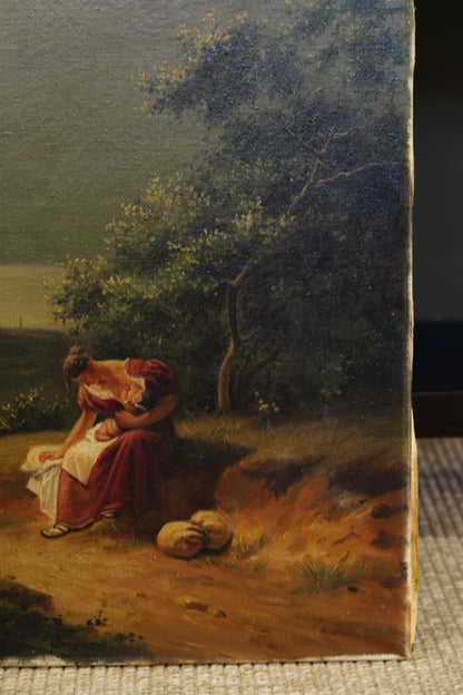 Antique Italian Mother and Child Oil Painting, Unframed, Circa 1900