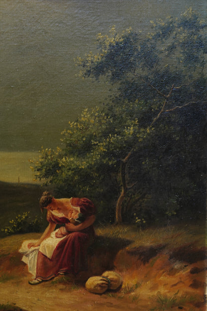 Antique Italian Mother and Child Oil Painting, Unframed, Circa 1900