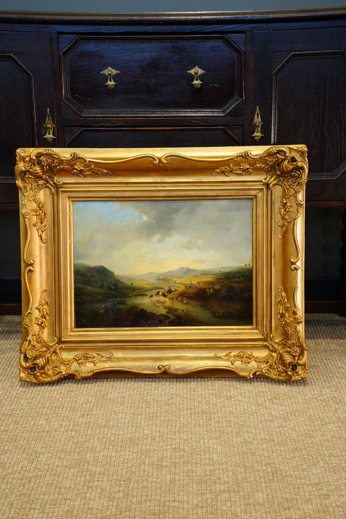 Signed Antique Dutch School Cattle Oil Painting River Landscape