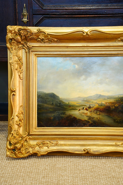 Signed Antique Dutch School Cattle Oil Painting River Landscape