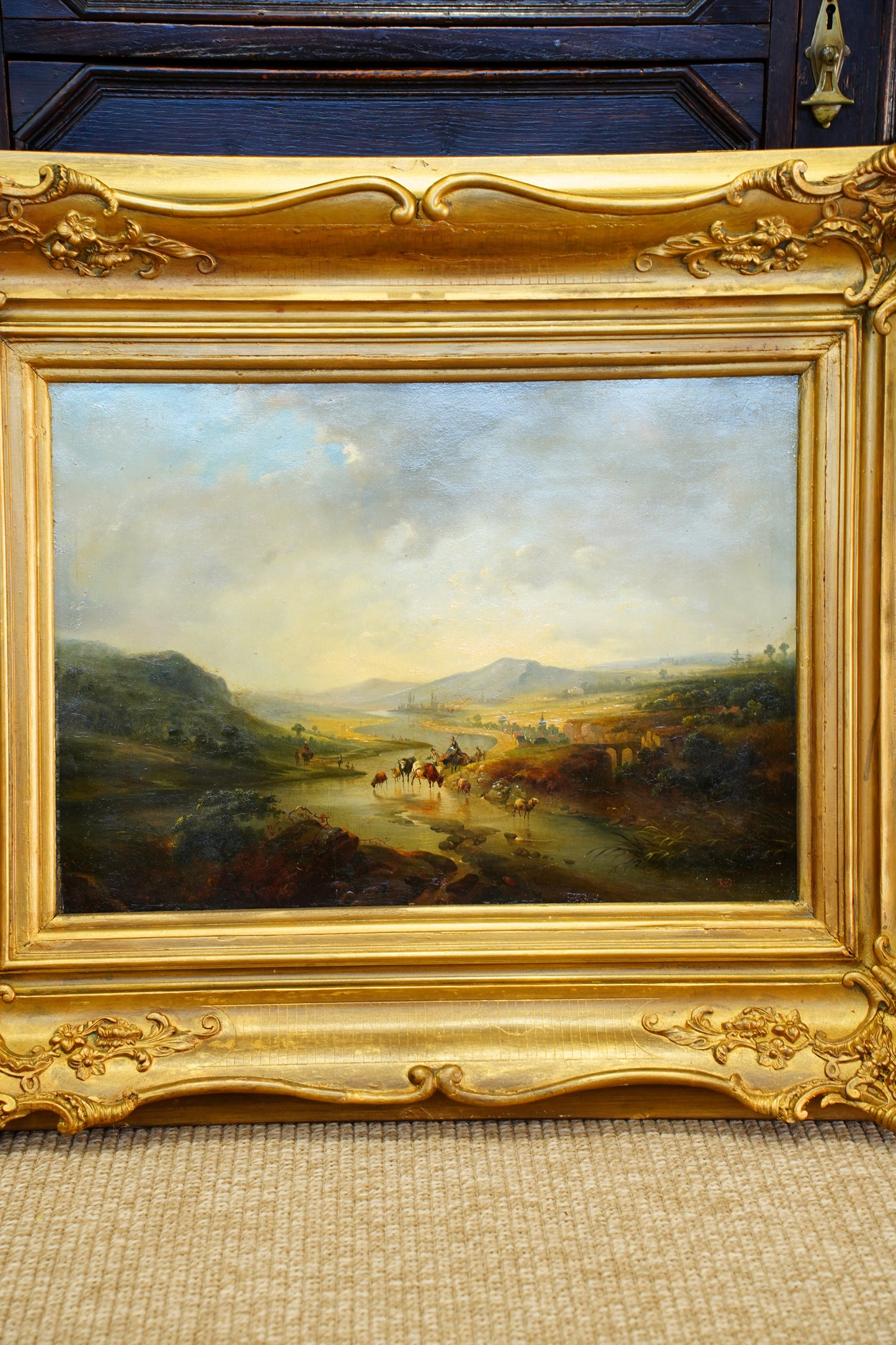 Signed Antique Dutch School Cattle Oil Painting River Landscape