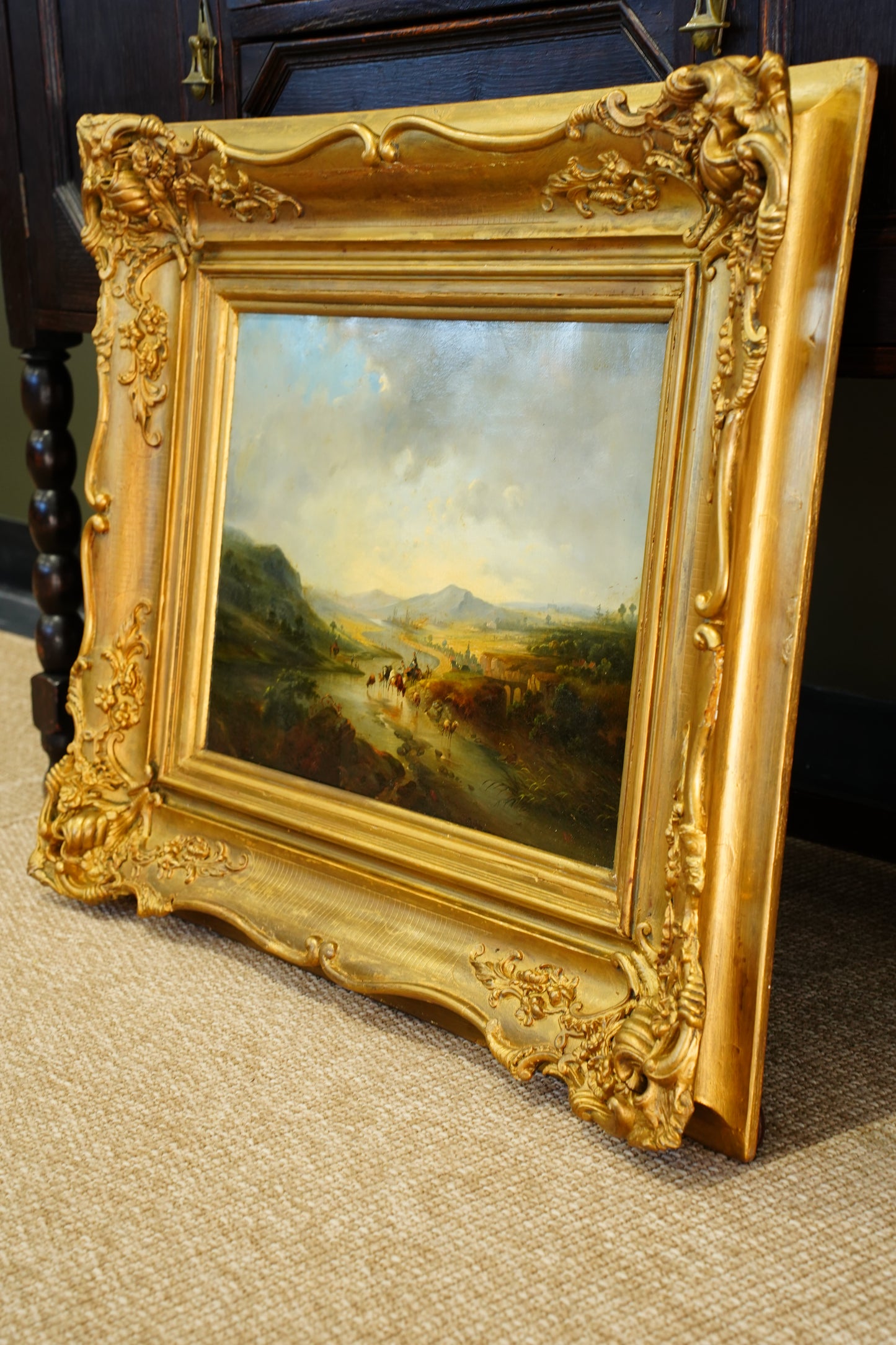 Signed Antique Dutch School Cattle Oil Painting River Landscape