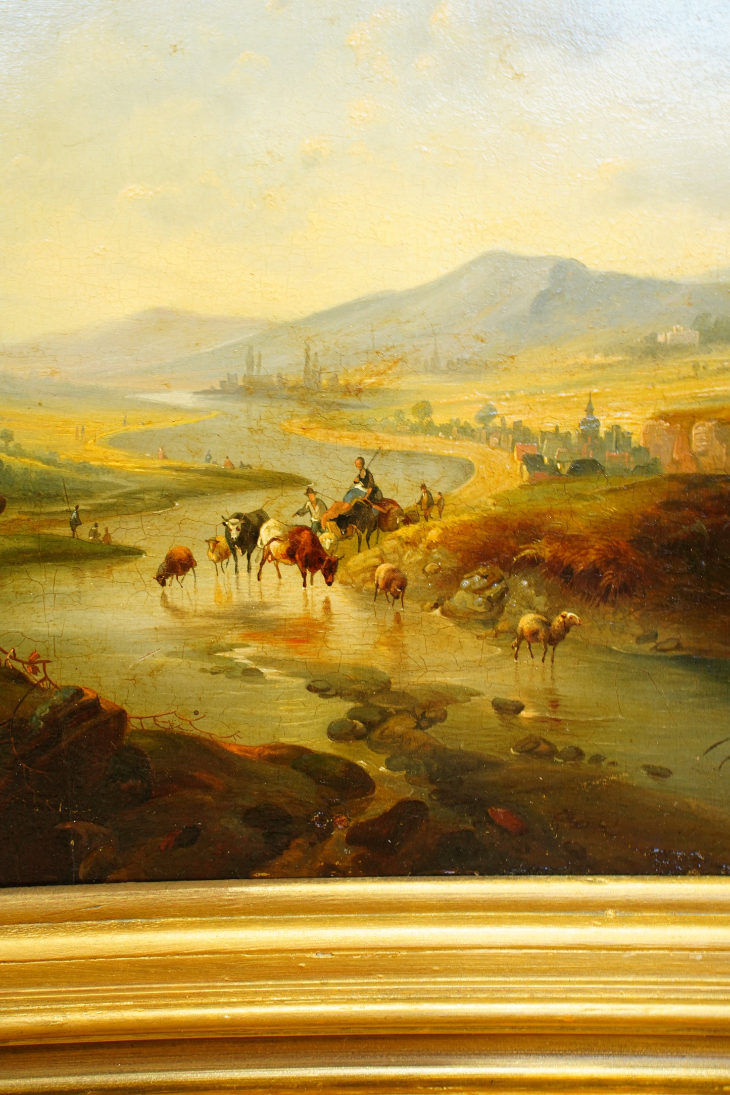 Signed Antique Dutch School Cattle Oil Painting River Landscape