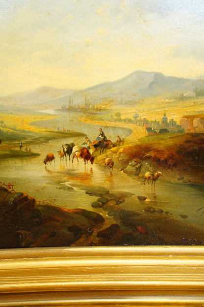 Signed Antique Dutch School Cattle Oil Painting River Landscape