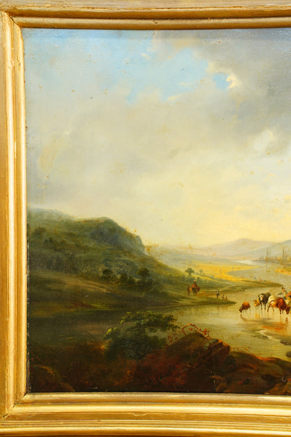 Signed Antique Dutch School Cattle Oil Painting River Landscape