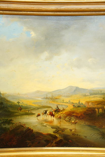 Signed Antique Dutch School Cattle Oil Painting River Landscape