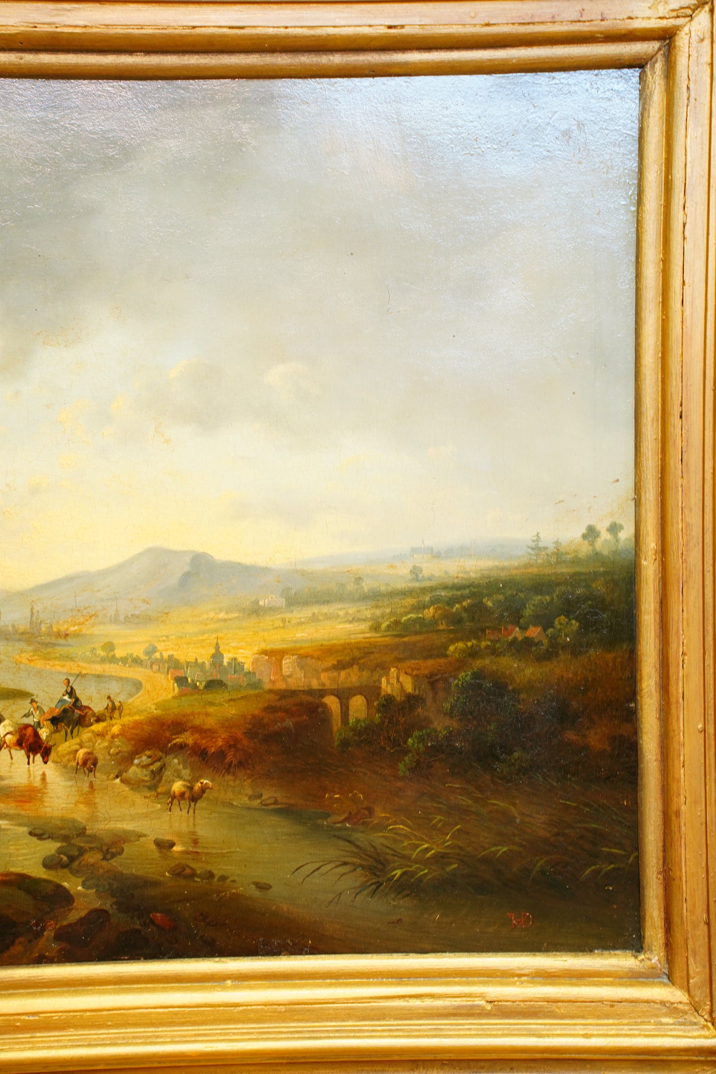 Signed Antique Dutch School Cattle Oil Painting River Landscape
