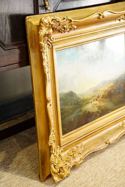 Signed Antique Dutch School Cattle Oil Painting River Landscape
