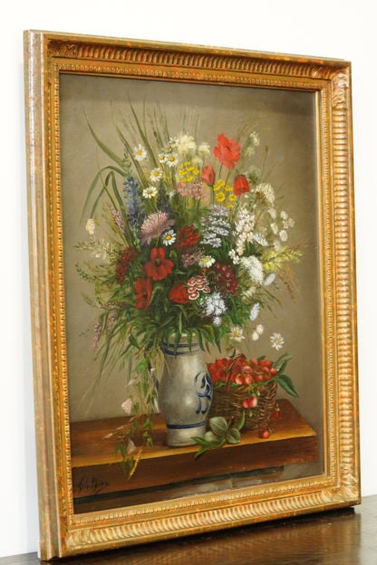 Antique French Flower Still Life Oil Painting, Signed