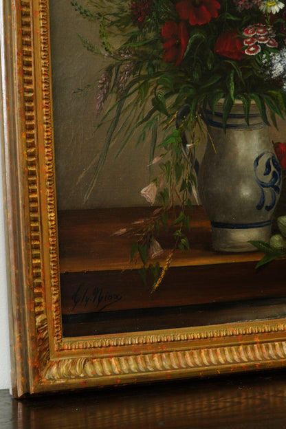 Antique French Flower Still Life Oil Painting, Signed