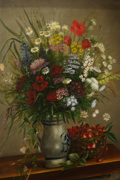 Antique French Flower Still Life Oil Painting, Signed