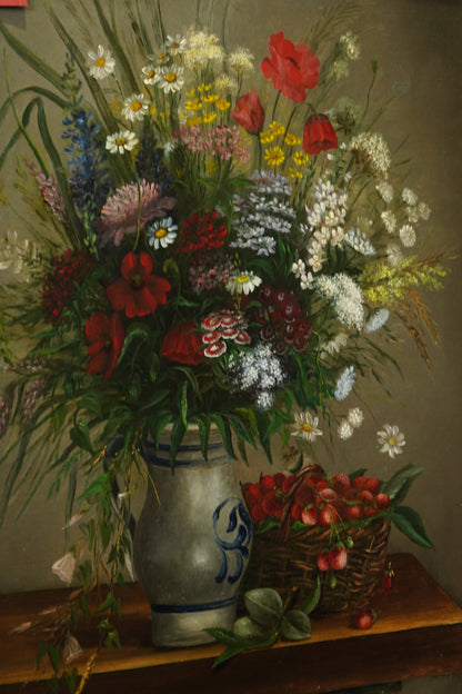 Antique French Flower Still Life Oil Painting, Signed