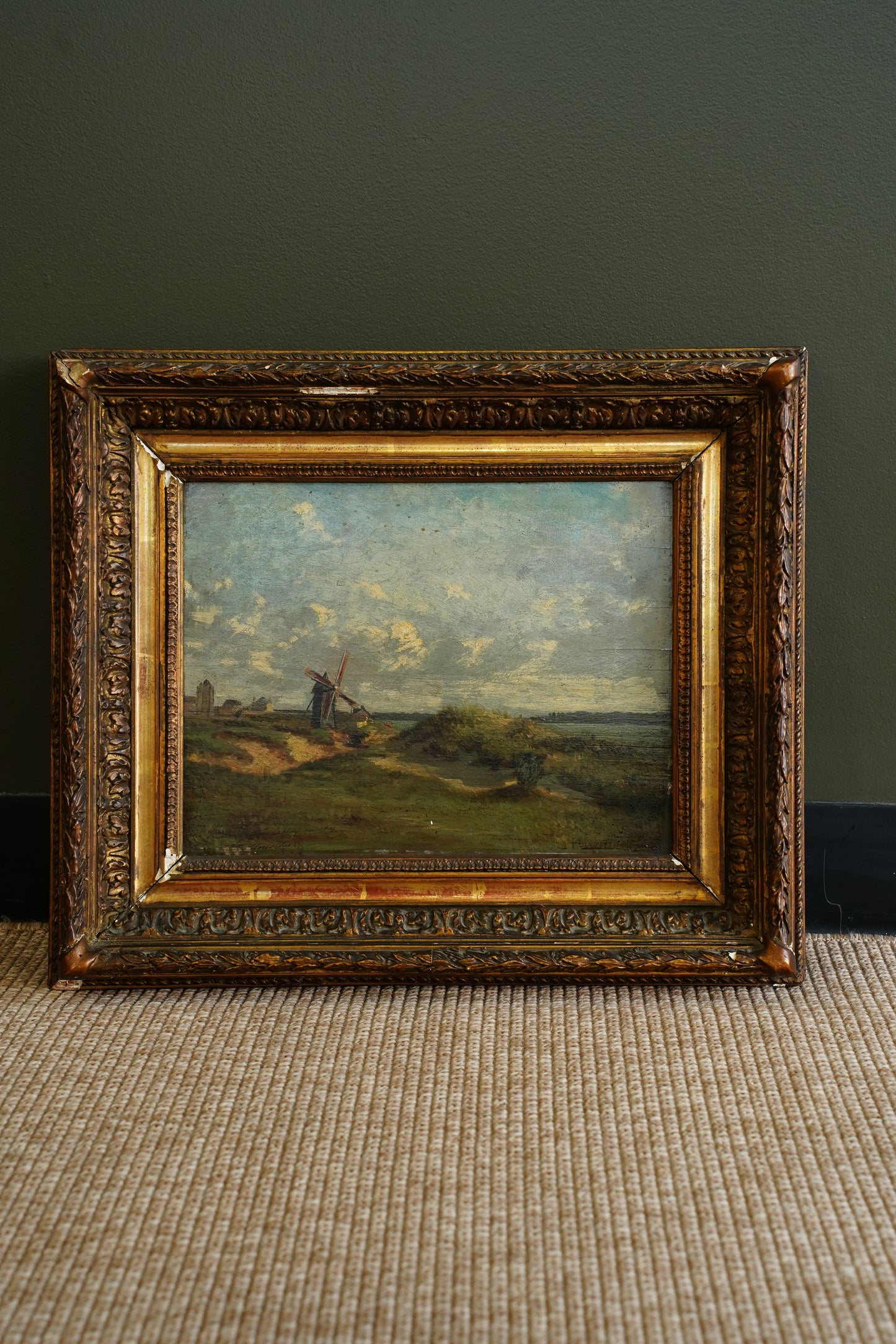 Antique Signed French Windmill Landscape Oil Painting on Panel, Dated 1879
