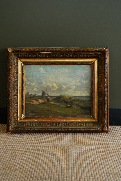 Antique Signed French Windmill Landscape Oil Painting on Panel, Dated 1879