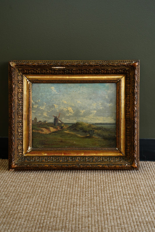 Antique Signed French Windmill Landscape Oil Painting on Panel, Dated 1879