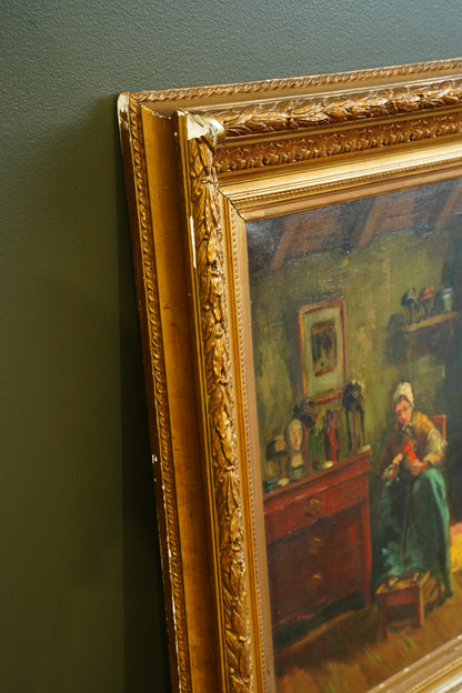 Antique Belgian Interior Oil Painting