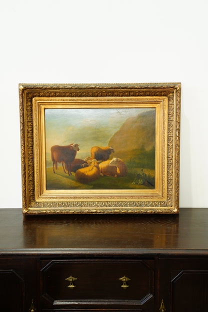 Antique Sheep Oil Painting Landscape, Oil on Board