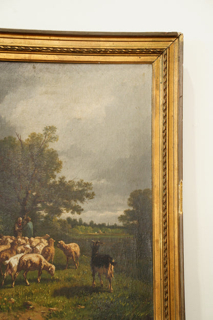 Antique French Sheep Painting Oil on Canvas Barbizon Pastoral, Circa 1880