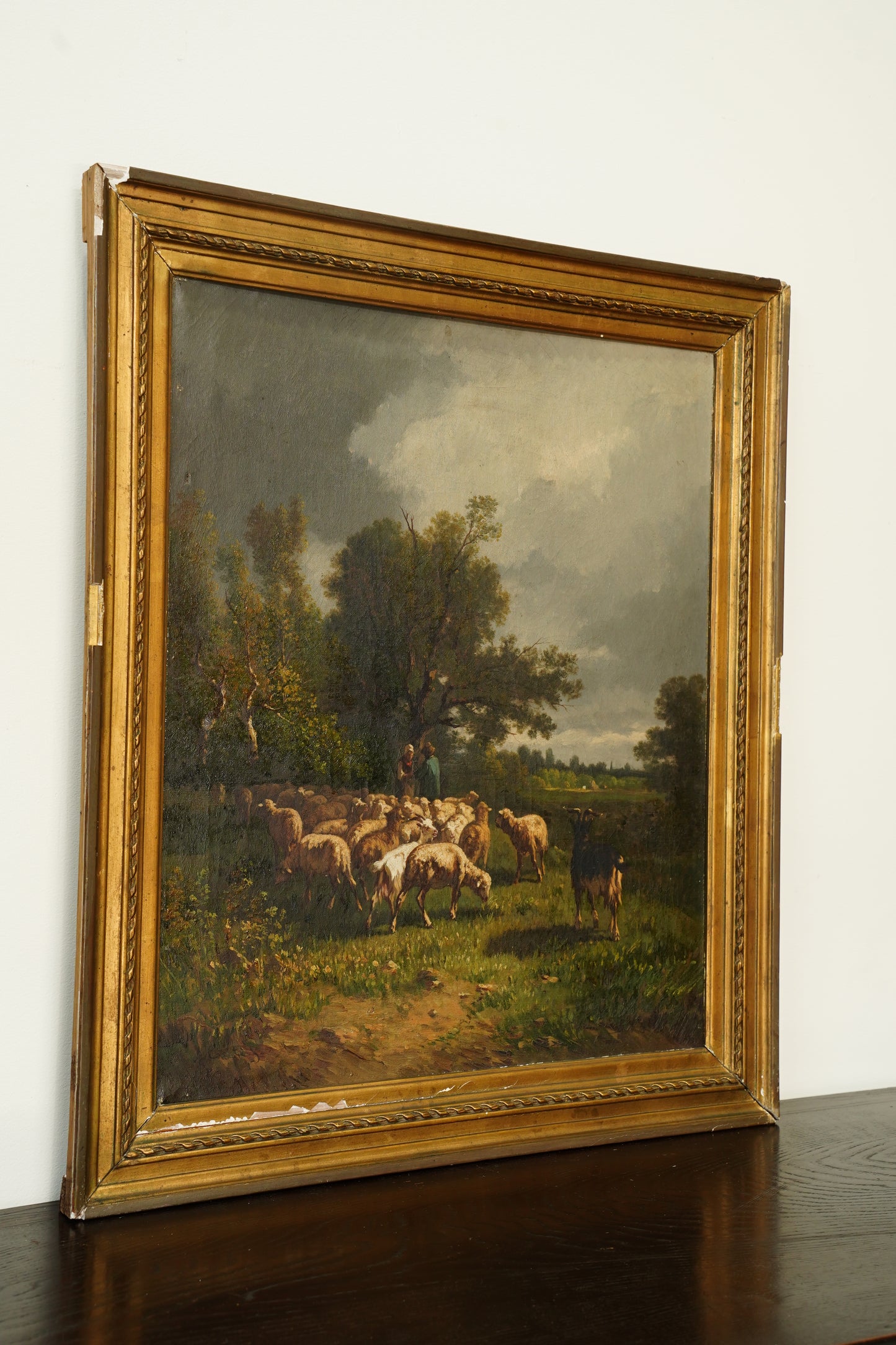 Antique French Sheep Painting Oil on Canvas Barbizon Pastoral, Circa 1880