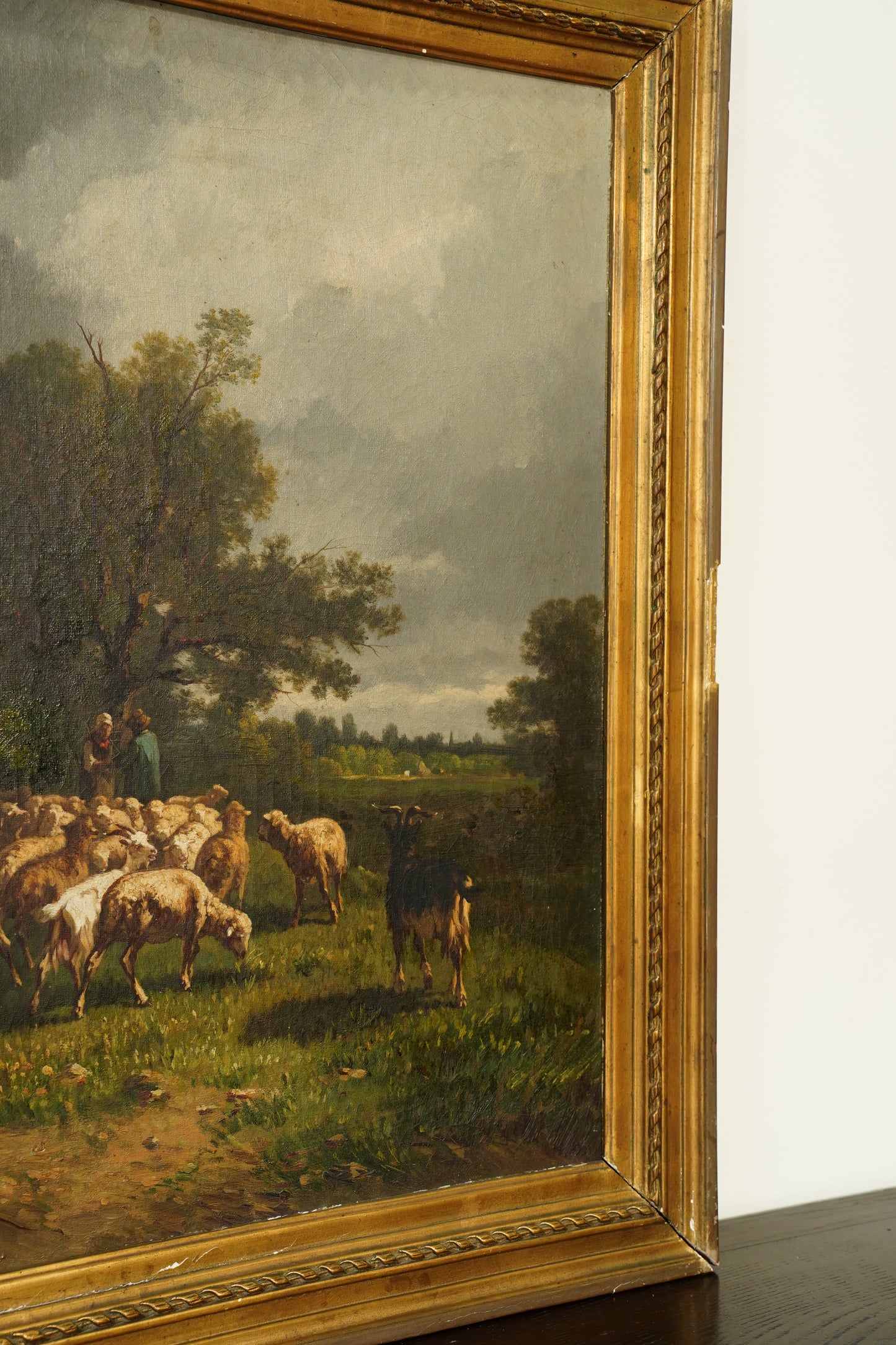 Antique French Sheep Painting Oil on Canvas Barbizon Pastoral, Circa 1880
