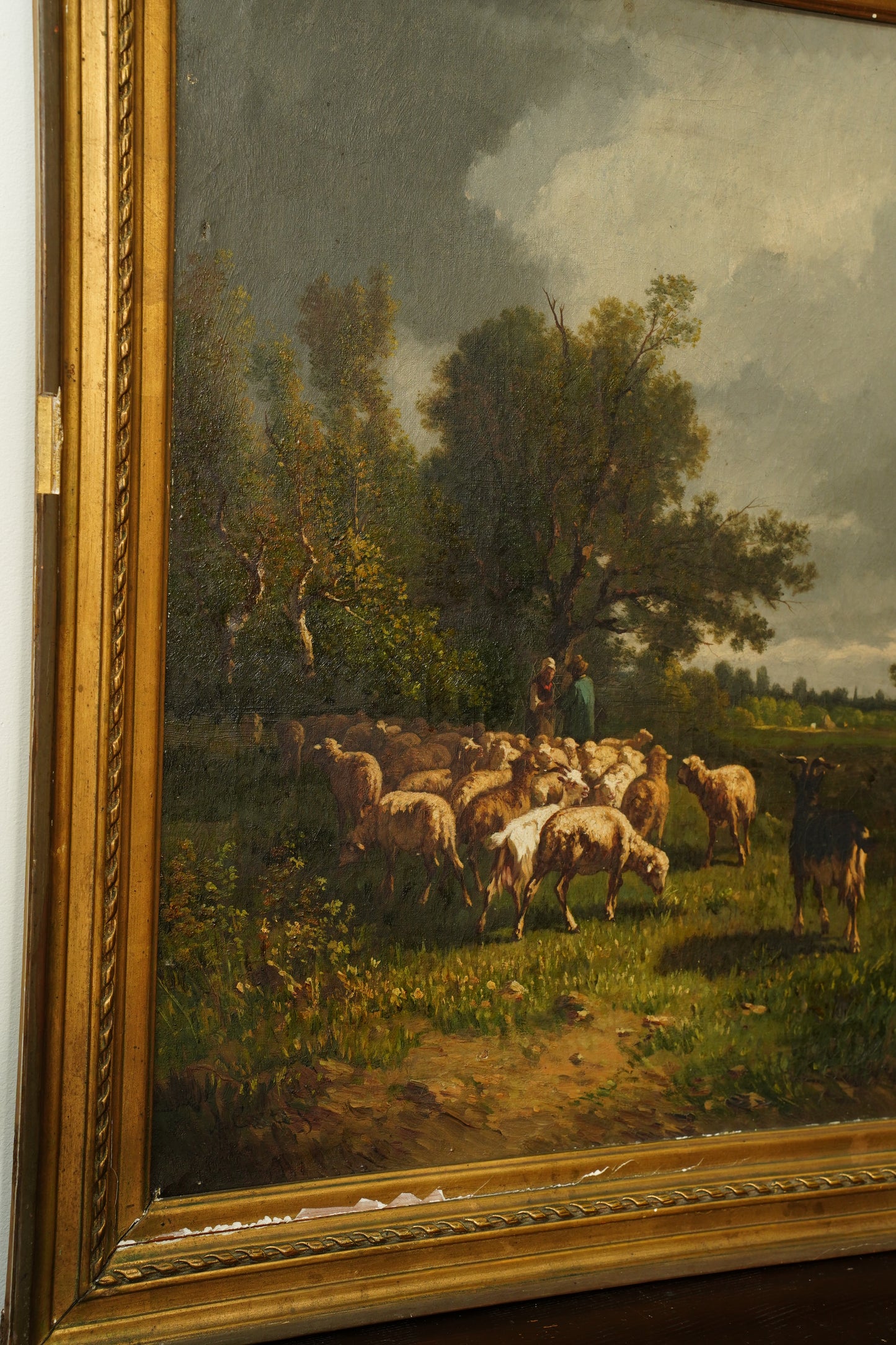 Antique French Sheep Painting Oil on Canvas Barbizon Pastoral, Circa 1880