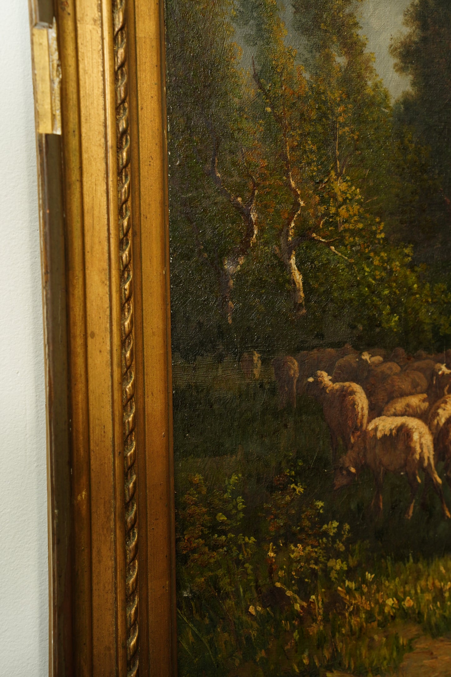 Antique French Sheep Painting Oil on Canvas Barbizon Pastoral, Circa 1880